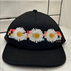 O'Neill Black Women’s Trucker Mesh SnapBack Hat with Daisy and Checkered Design